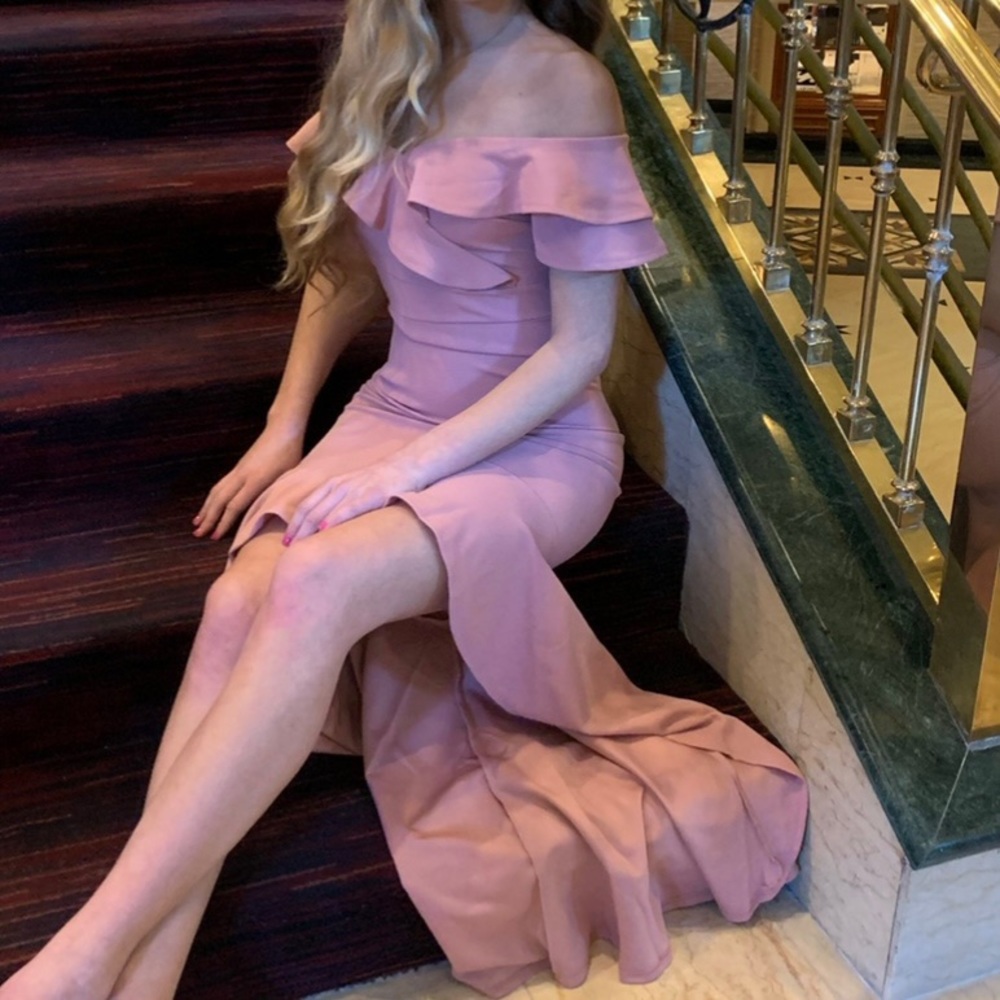 Blush High-Low Off the Shoulder Ruffle Dress
